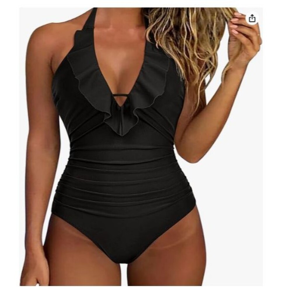 Women’s Swimsuits Sexy Halter One Piece Large Black Ruffle V Neck